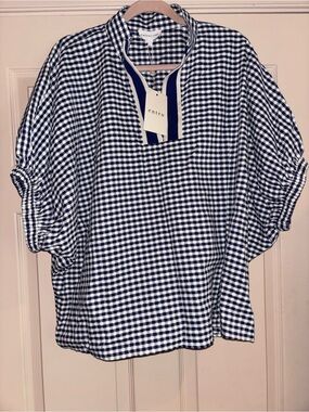 Entro Navy & White Gingham Dolman Sleeve Women's Top XL NWT Hard to Find!!